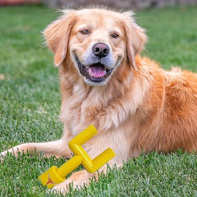 NCAA Texas Longhorns Mega-Chew Hard Nylon Bacon-Flavored Dog Bone Football Goal-Post Chew Toy. Interactive, Tasty & Fun Dog Chew Toy. Indestructible, Strong, Tough & Durable Pet Chew Toys