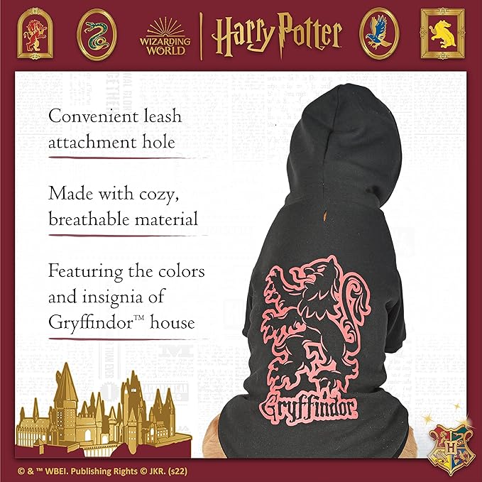 Harry Potter Gryffindor Dog Hoodie with Faux Scarf - Officially Licensed Dog Apparel & Accessories for Hogwarts Houses, Black, Size X-Small