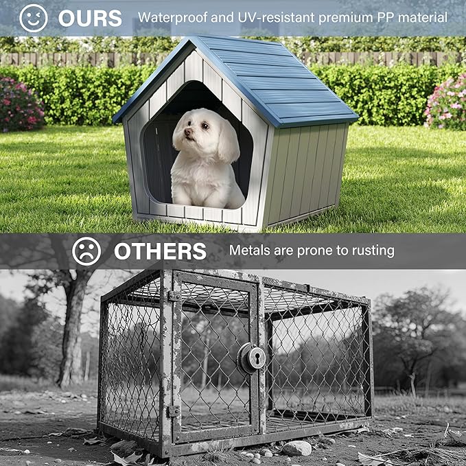 Bifanuo Dog House Outdoor Indoor for Small Dogs - Plastic Pet Shelter, Easy-Assemble & Weather-Resistant for Living Room, Balcony (Blue, 18" L x 22.4" W x 22.2" H)
