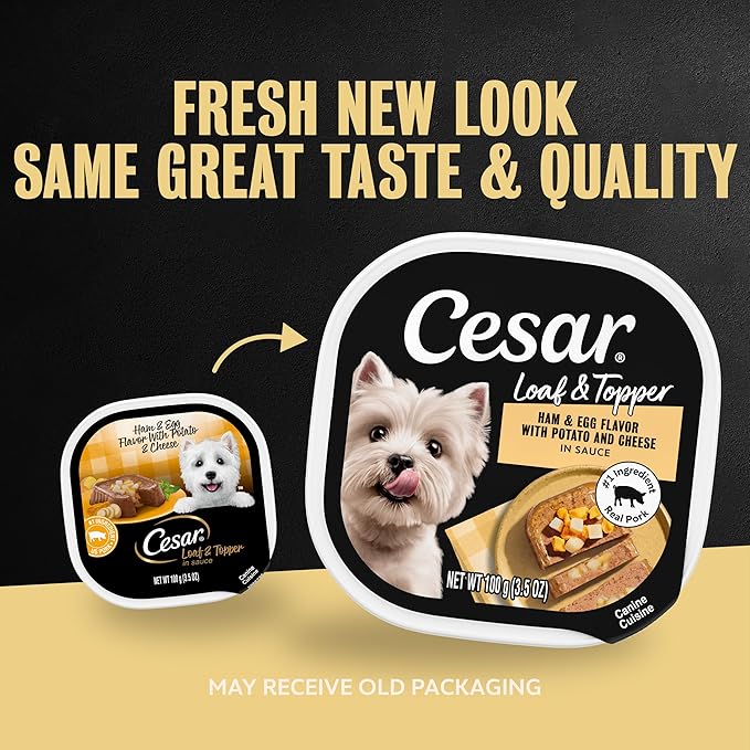 Cesar Loaf & Topper in Sauce Wet Dog Food Ham & Egg Flavor with Potato & Cheese, 3.5 oz. Easy Peel Trays, 24 Count (Pack of 1)