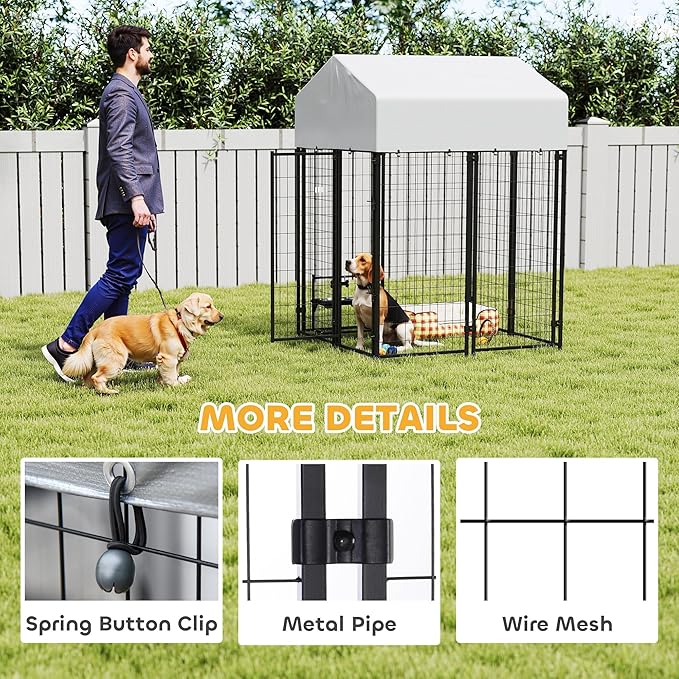 PawHut Outdoor Dog Kennel with Roof, 4' x 4' x 6' Heavy Duty Welded Wire Dog Playpen Enclosure with Escape-Proof Lock, UV-Resistant & Waterproof Cover, for Medium Dogs, Chickens, Ducks, Silver