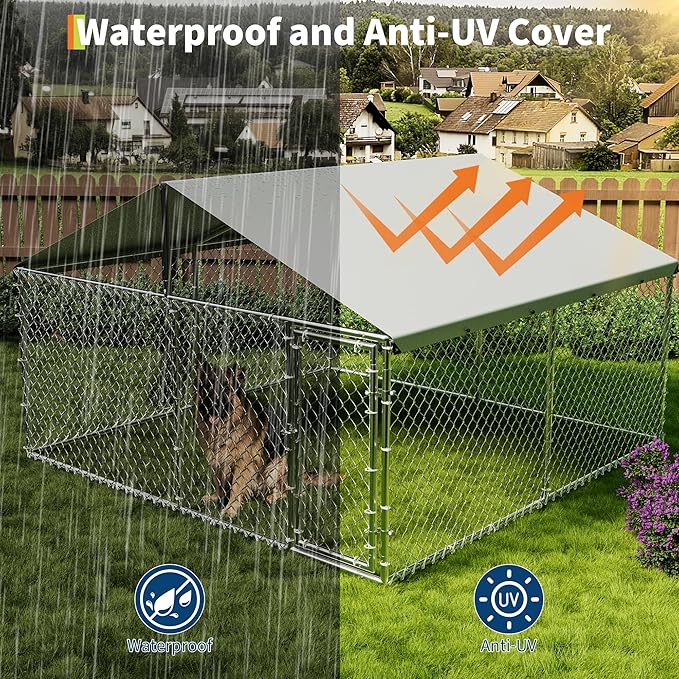 GarveeHome 10X10x6 FT Large Outdoor Dog Kennel, Dog Kennel Outside with Roof, Dog Enclosure with Waterproof & UV-Resistant Cover ＆ Reinforced Galvanized Steel for Yard, Farm Use