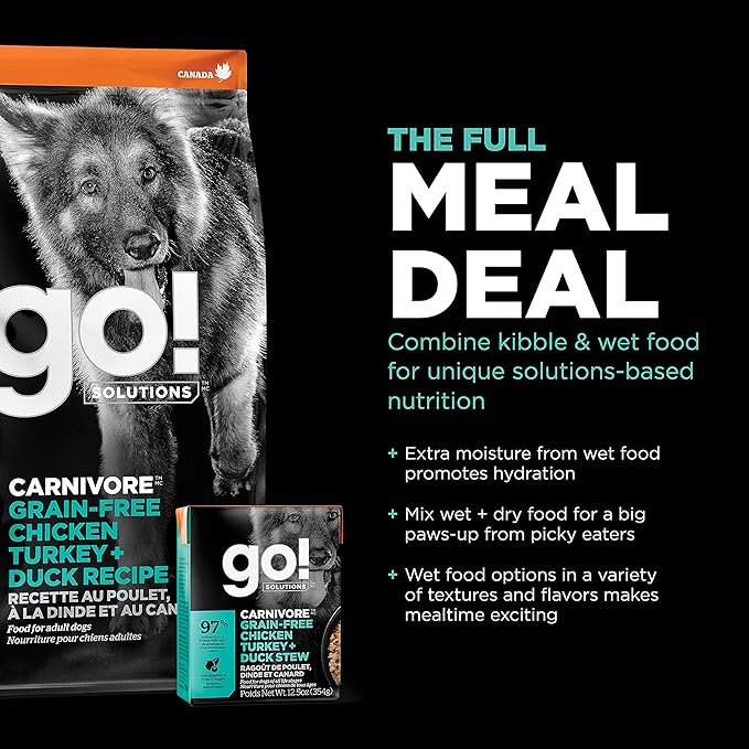 Go! Solutions Carnivore Chicken, Turkey + Duck Grain-Free Dry Adult Dog Food, Our Highest-Protein Kibble Made with Real Meat & Fish, Pumpkin & Probiotics for Good Digestion, 3.5 lb Bag