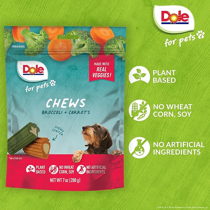 Dole for Pets Dog Chews, Assorted Broccoli + Carrot Vegetable-Flavored Treats, No Artificial Colors Flavors or Preservatives, No Wheat Corn Soy, Plant Based Dog Treats, 7.05 Oz Bag