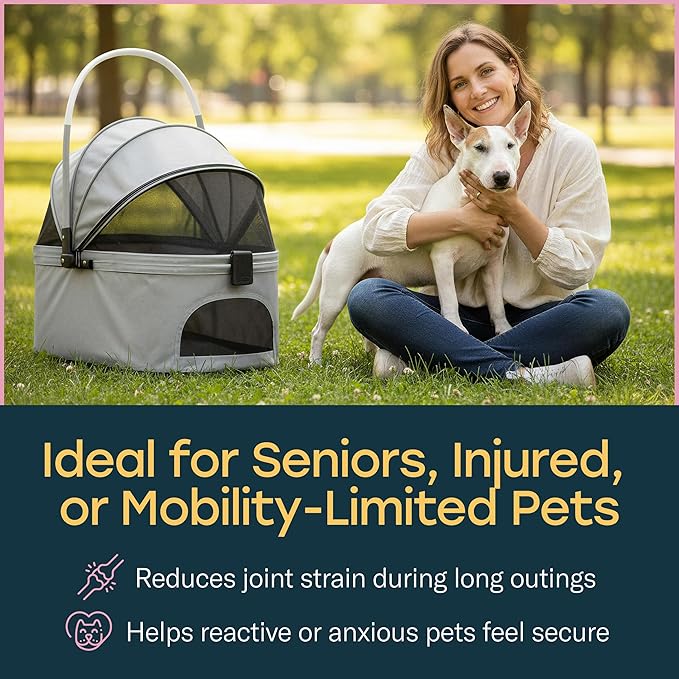 4 Wheel Foldable Pet Stroller - Lightweight Dogs and Cats Stroller Upto 50lbs with Mesh Canopy, Storage Basket and Cup Holder, Durable for Walks and Outings (Medium)