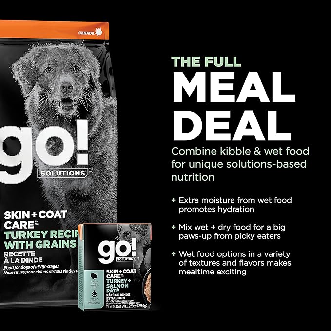 Go! Solutions Skin + Coat Care Turkey Dry Dog Food with Grains, Chicken-Free, Healthy Kibble with Omega-3s & 6s for Soft, Shiny Fur, for Puppies, Adults, & Seniors, 22 lb Bag