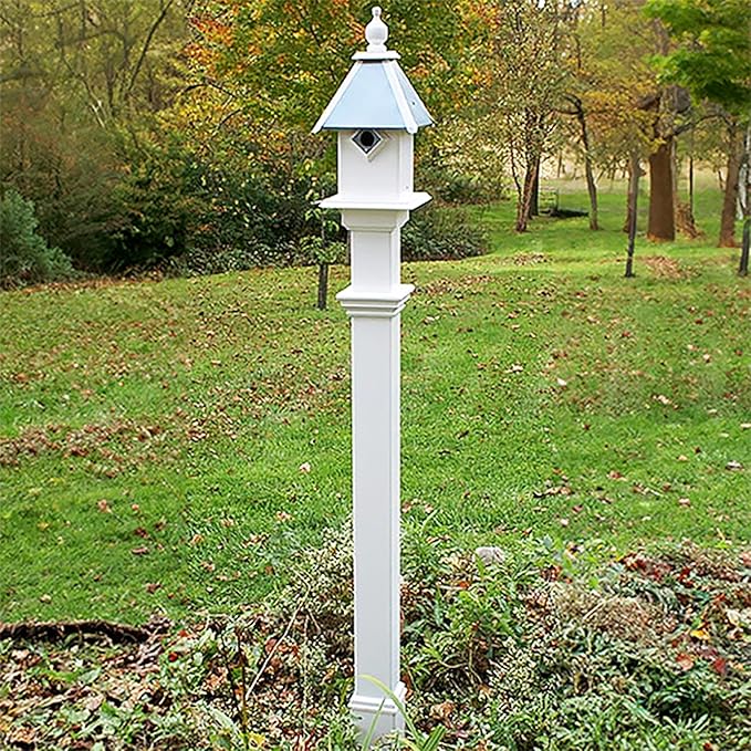 Camellia Bird Feeder with Decorative Mounting Post – Verdigris Roof, 2-Quart Capacity, White PVC Feeder & Vinyl Post with Ground Anchor for Garden, Yard & Backyard Birding