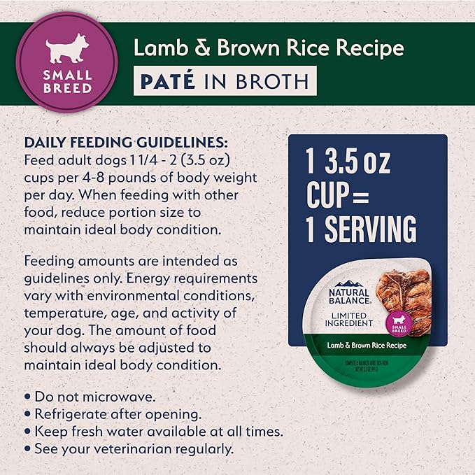 Natural Balance Limited Ingredient Small Breed Adult Wet Dog Food, Lamb & Brown Rice Recipe for Sensitive Stomachs - 3.5oz Cups (Case of 12)