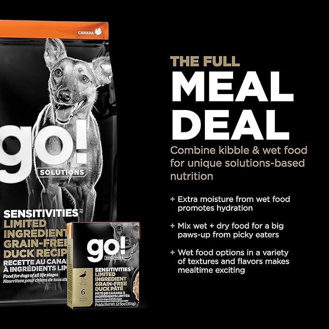 Go! Solutions Sensitivities Limited Ingredient Duck Grain-Free Dry Dog Food, Chicken-Free Kibble Made by Experts for Sensitive Stomachs & Food Allergies, for Puppies, Adults, & Seniors, 3.5 lb Bag