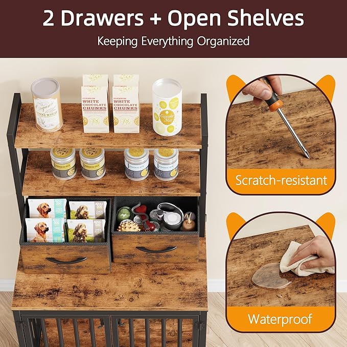 HIGDBFE Dog Crate Furniture with Drawer & Shelf, 25.5" Small Dog Crate with Lockable Doors, Indoor Dog Kennel Furniture for Medium, Small Dogs, Anti-Chew Dog Cage with Storage, Rustic Brown, 43.7" H