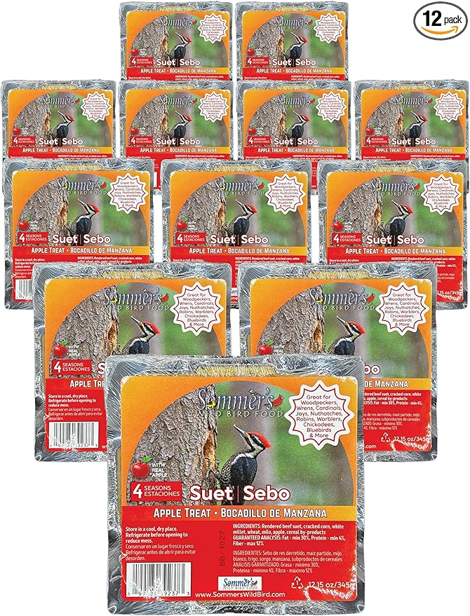 Apple Wild Bird Suet Cakes – 12 Pack, 12.15 oz Each, No-Melt Formula, High Energy Suet for Outdoor Bird Feeders