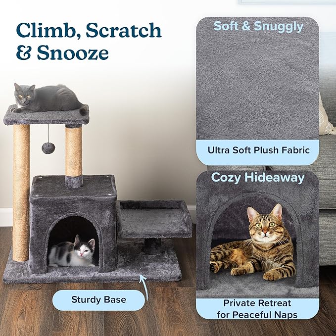 24.5in Small Cat Tree Tower - Cat Tower with Napping Perches, Kitten Condo, 2 Rope Scratching Posts, and Hanging Toy - Multi-Level Kitten Tree and Climbing Activity Furniture by PETMAKER (Gray)