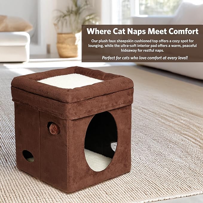 MidWest Homes for Pets Feline Nuvo Curious Cat Cube, Foldable Pet Hideout with Toy, Bolstered Bed Top, Faux Brown Suede, Synthetic Sheepskin