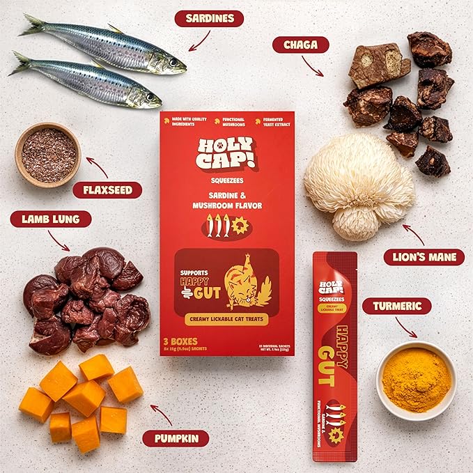 Happy Gut Grain-Free Lickable Cat Treats, 15 Squeezable Purée Tubes (0.5 oz Each), Sardine & Pumpkin Flavor, Creamy Cat Purée with Clean Ingredients, Hand-Fed Treat or Meal Topper