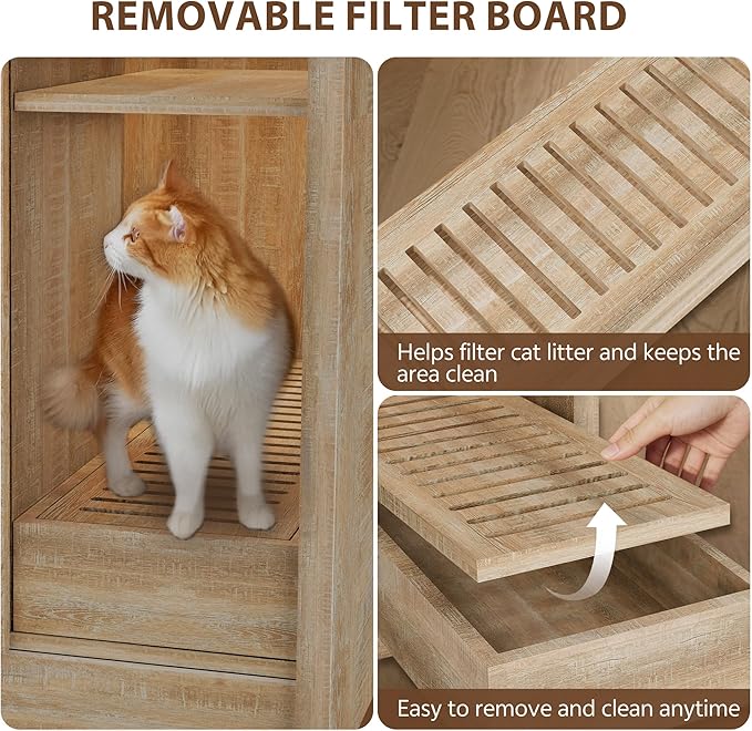 Cat Litter Box Enclosure for Automatic Litter Box, Litter Box Enclosure with Litter Collector and Power Outlet, Large Cat House with Adjustable Shelf for Dog Proof, Side Table, Natural