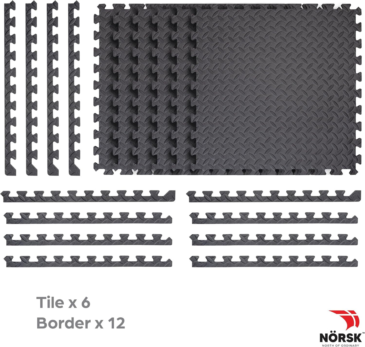 Norsk Foam Floor Gym Mats with Interlocking Tiles, .47" Thick, 24"x24", 54-Pack, 216 Square Feet, Diamond Plate Design, Grey