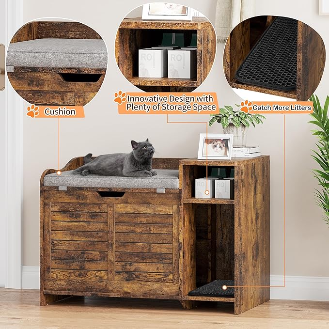 Wooden Cat Litter Box Enclosures with Storage Shelf - Hidden Litter Box Furniture for Cat with Cushion & Mat - Litter Box Cabinet
