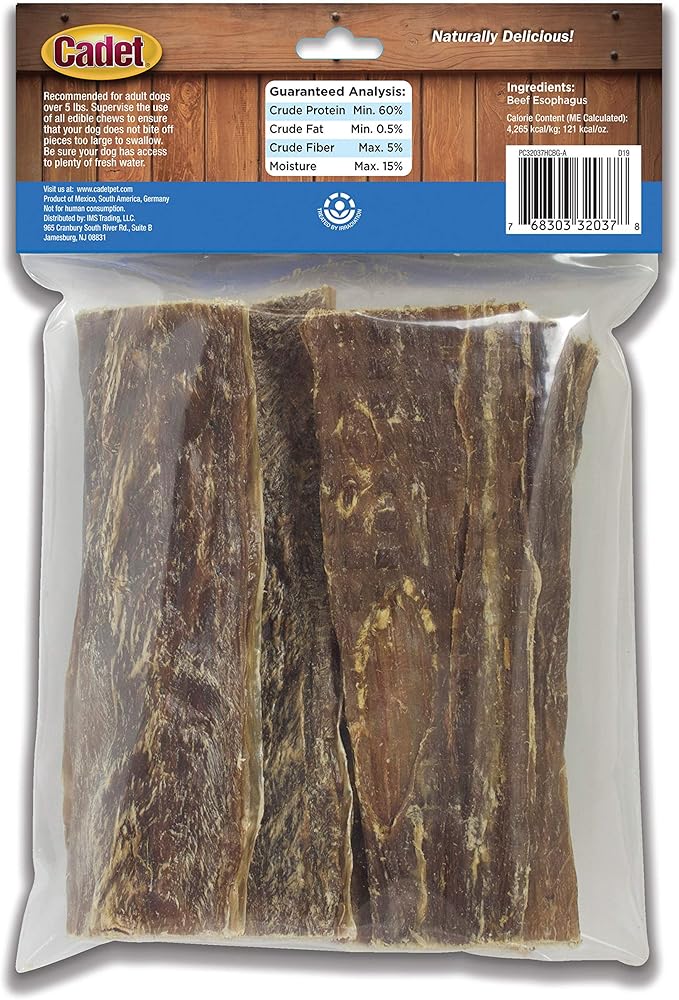 Cadet 100% Beef Strips Dog Treats, Single Ingredient Beef Esophagus Dog Jerky, Healthy High Protein Rawhide Alternative for Small & Large Dogs, 4 Ounce