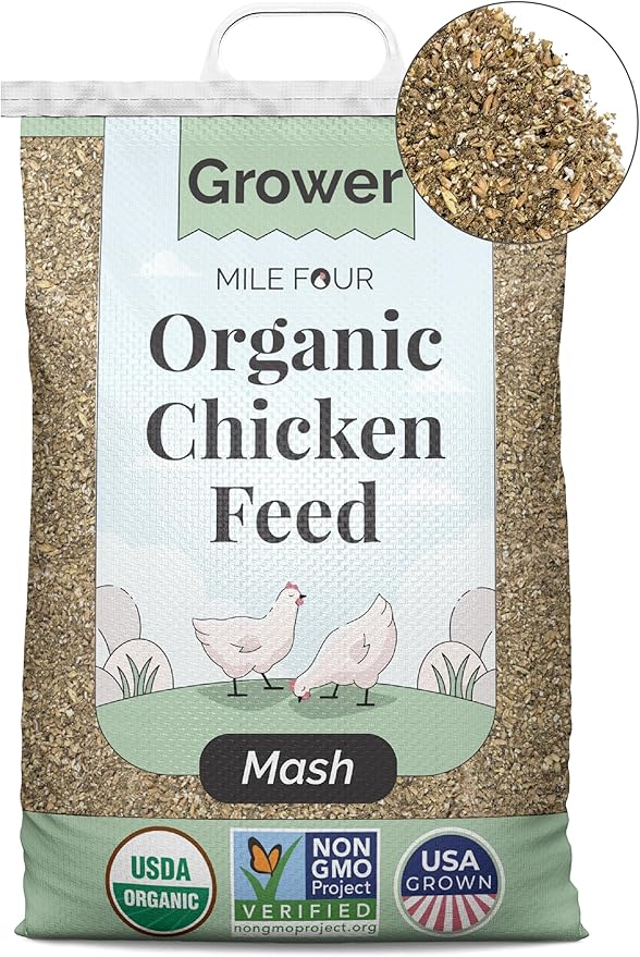 Mile Four Organic Chicken Feed (46 lbs) Grower Mash, Non-GMO, USA Grown, 18% Protein, Corn-Free, Soy-Free, Non-Medicated Feed for Chickens