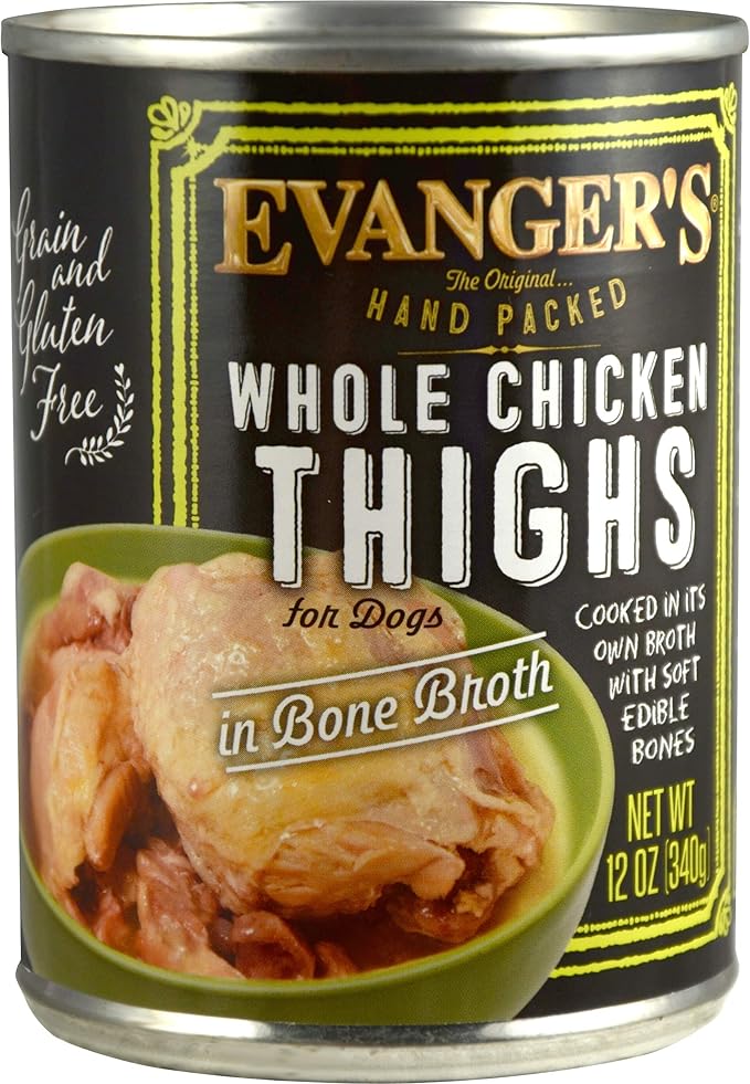 Evanger's Heritage Classics Whole Chicken Thighs Dog Food – 12 Count, 12 oz Each – Grain & Gluten Free, Single-Source Protein in Bone Broth – Protein Rotation Diet, Dry Food Topper