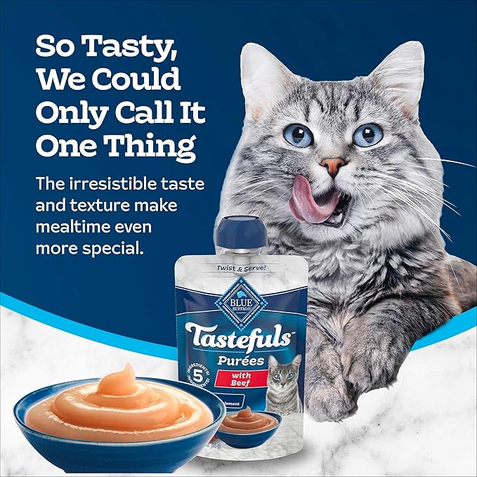 Blue Buffalo Tastefuls Purées Natural Adult Cat Food Complement with Just 5 Ingredients, Beef, 3-oz Resealable Pouch, 12-ct Multipack