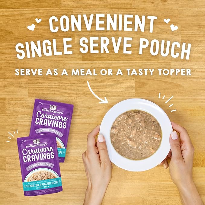 Stella & Chewy's Carnivore Cravings Wet Cat Food - Premium Pouches - Grain Free, High Protein Salmon, Tuna & Mackerel - Perfect for Picky Eaters - Complete Meal or Topper (2.8 oz, 12 Pack)