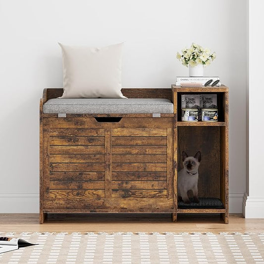Wooden Cat Litter Box Enclosures with Storage Shelf - Hidden Litter Box Furniture for Cat with Cushion & Mat - Litter Box Cabinet