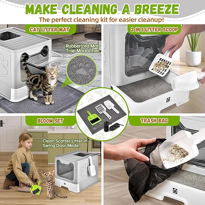 Cat Litter Box with Litter Mat, Foldable Extra Large Free in and Out/One-Way with Lid, Drawer Type Enclosed Kitty Litter Box,Odor Control Anti-Splashing Easy Cleaning (Pale Grey)