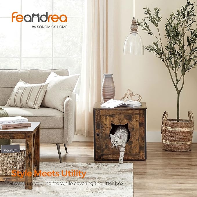 Feandrea Cat Litter Box Furniture, Hidden Litter Box Enclosure Cabinet with Single Door, Indoor Cat House, End Table, Nightstand, Rustic Brown and Black UPCL004X02