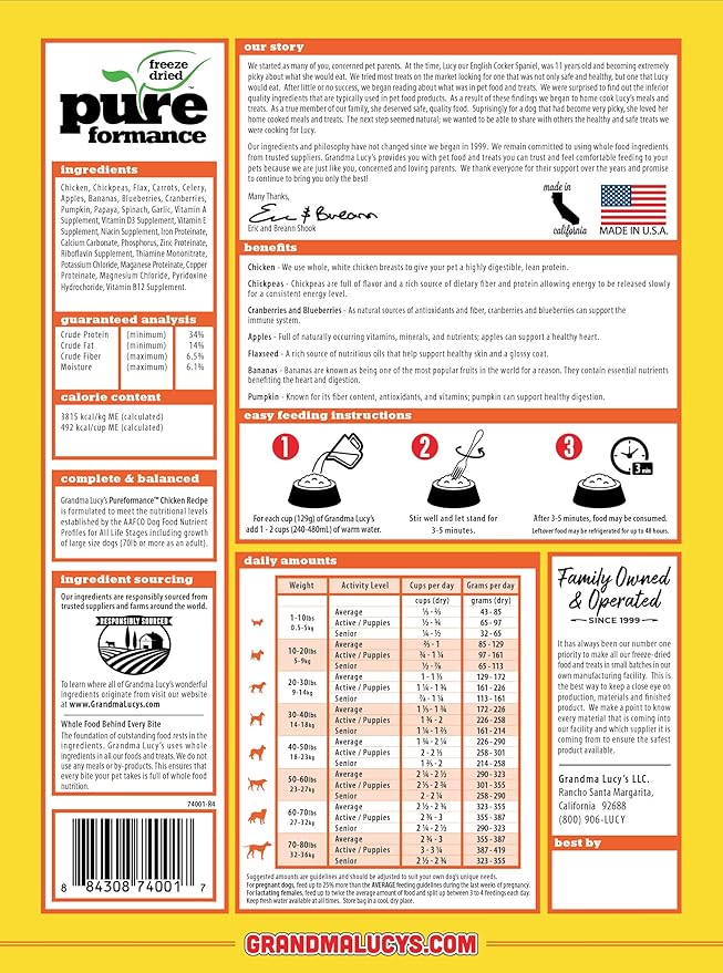 GrandmaLucy Pureformance Freeze Dried Grain Free Chicken Recipe Dog Food 1 Lbs (Pack of 2)