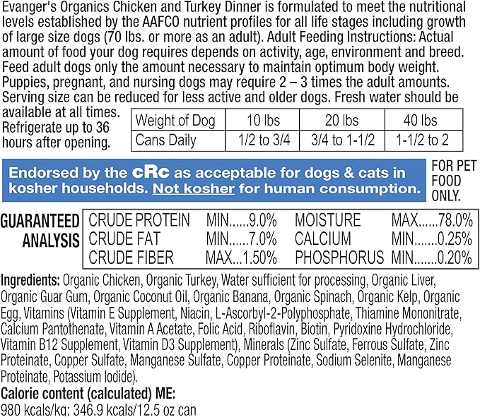 Evanger's Organics Chicken & Turkey Dinner for Dogs – 12 Count, 12.5 oz Each – Qualified Organic, Grain Free, GMO Free – Nutrient-Dense Recipe with Organic Vegetables – Wet Dog Food