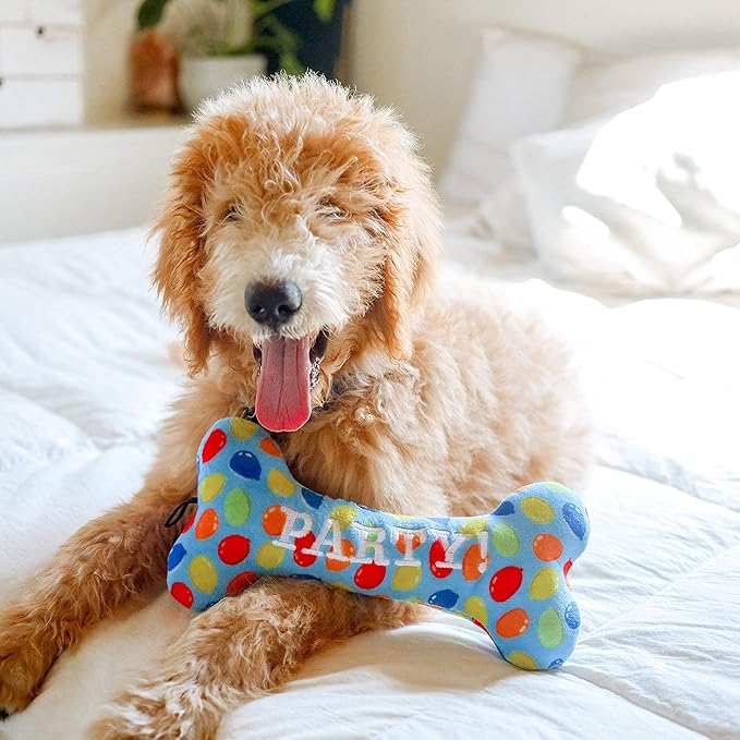 Huxley & Kent Funny Dog Toy w/Squeaker – Birthday Power Plush Squeaky Dog Toys for Small, Medium & Large Dogs – Soft Stuffed Animal for Indoor Play & Fetch - Party Time Blue Bone, Small