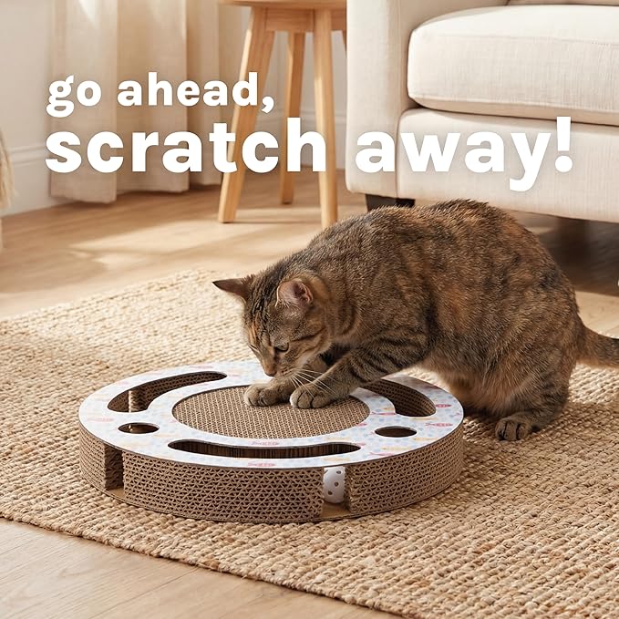 Kitty City Fish Corrugate Cat Scratcher with Ball Track Toy - Scratch Pad Lounger, Horizontal Corrugate Nail File Bed for Indoor Kittens, Kitty Enrichment & Play, 13” x 13”