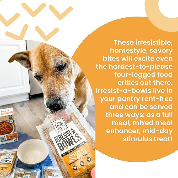 I AND LOVE AND YOU Irresist-a-Bowls Freeze Dried Dog Food - Chicken + Duck- Prebiotics, Grain Free, Filler Free, Meal Enchancer, 9oz Pouch, 4pk