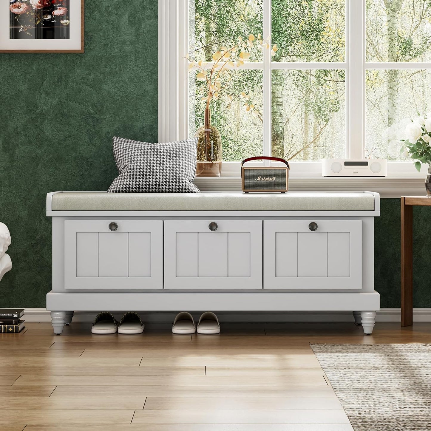 Classic Shoe Storage Bench with Cushion and Three Drawers, Fluted Entryway Bench with Storage for Entryway, Living Room, Hallways 44.0" L x 15.9" W x 18.9" H Gray Wash