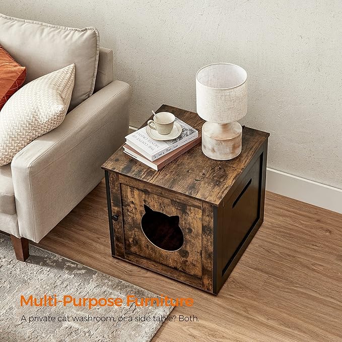 Feandrea Cat Litter Box Furniture, Hidden Litter Box Enclosure Cabinet with Single Door, Indoor Cat House, End Table, Nightstand, Rustic Brown and Black UPCL004X02