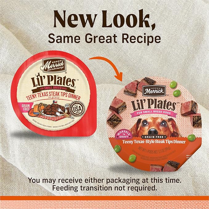 Merrick Lil’ Plates Grain-Free Wet Dog Food for Small Dogs Teeny Texas Steak Tips Recipe with Real Beef, 3.5 oz. Tub