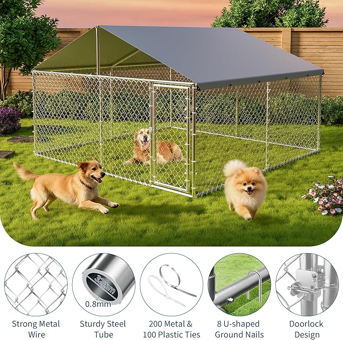 GarveeHome 10X10x6 FT Large Outdoor Dog Kennel, Dog Kennel Outside with Roof, Dog Enclosure with Waterproof & UV-Resistant Cover ＆ Reinforced Galvanized Steel for Yard, Farm Use