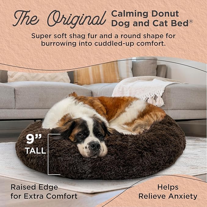Best Friends by Sheri The Original Calming Donut Dog Bed for Extra-Large Dogs up to 150 lbs, Shag Faux Fur, Dark Brown, 45" x 45"