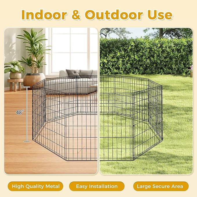 PAWZ Road Dog Playpen Foldable Metal Dog Fence Outdoor/Indoor Use Portable Design for RV and Camping- 8 Panels (24" Wide Each), 48 inch Height for Small Dogs Puppy Large Dogs