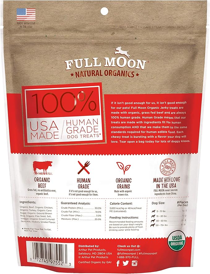 Full Moon Natural Organics Grass Fed Beef Jerky Healthy All Natural Dog Treats Human Grade 28 oz