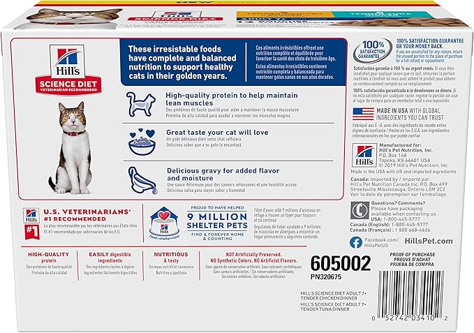 Hill's Science Diet Adult 7+ Wet Cat Food Variety Pack, Chicken & Tuna, 2.8 oz. Pouches, 12-Pack