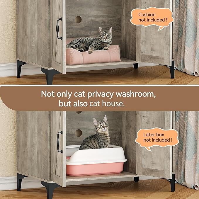 Garvee Cat Litter Box Enclosure with Shelves,Hidden Cat Box Furniture,Litter Box Cabinet with Scratching Mat,Wood Sturdy Cat Washroom Storage Indoor, Gray