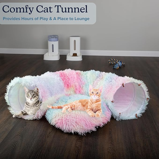 Cat Tunnel with Bed for Indoor Cats - 3FT Multifunctional Cat Tunnel Bed with Toys - Soft, Plush Peekaboo Cat Cave for Kittens, Cats, Ferrets, and Rabbits - Cat Products by PETMAKER (Multi)