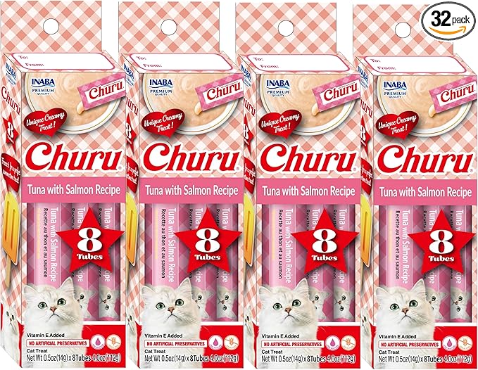 INABA Churu Lickable Purée Natural Cat Treats - Tuna with Salmon Recipe, 32 Tubes (4 Boxes of 8 Tubes Each)