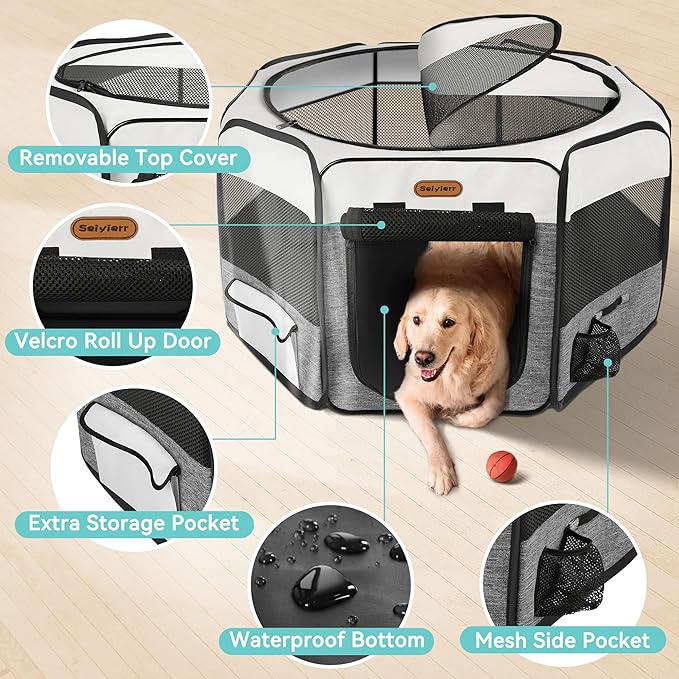 Seiyierr Dog Playpen, Portable Pet Play Pen Foldable Carrying Case, Puppy Pens Outsid for Small Cat Indoor/Outdoor, Removable Mesh Shade Cover