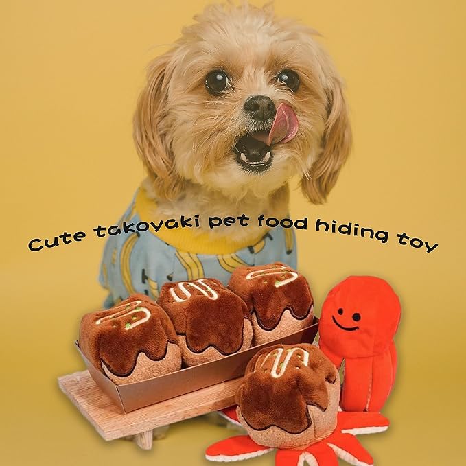 Foodie Japan Takoyaki Hide and Seek Interactive Squeak Octopus Plush Toys for Dogs for Aggressive Chewers - Perfect Puzzle and Foraging Plush Toy for Small Medium Dogs Cats(2in1)