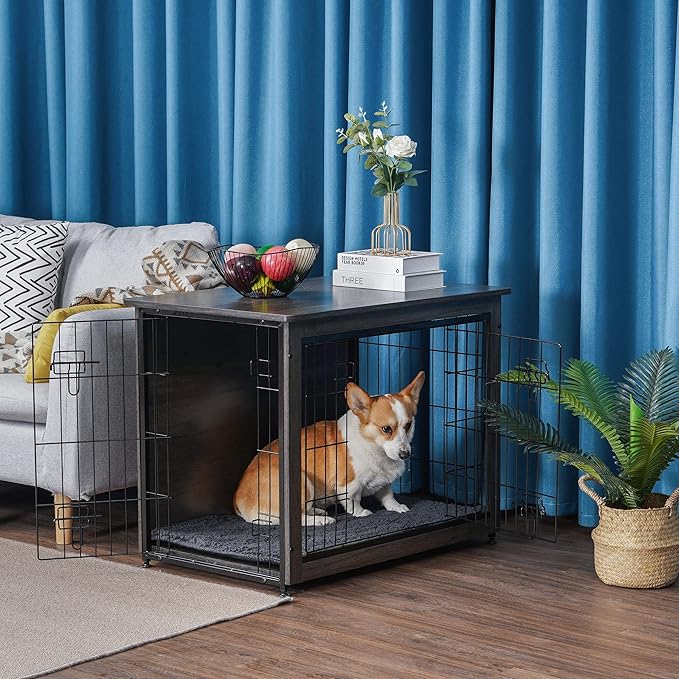 DWANTON Dog Crate Furniture with Cushion, Wooden Kennel Table with Double Doors, Indoor Dog House, Medium Size, 32.5" L, Dark Gray