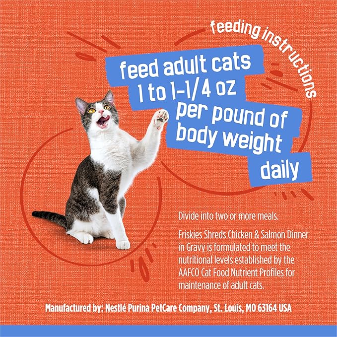 Friskies Purina Shreds Chicken and Salmon Dinner in Wet Cat Food Gravy - 5.5 oz. Cans (Pack of 48)