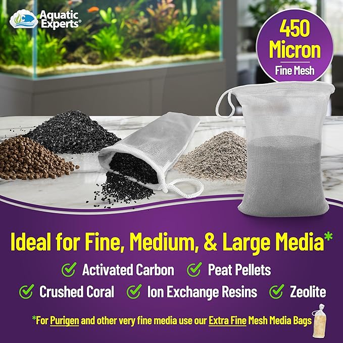 Aquatic Experts Fine Aquarium Media Bag, Durable Drawstring Bags for Fish Tank Filters, 450 Micron Mesh, (Fine, 3"x 8" - 4 Pack)